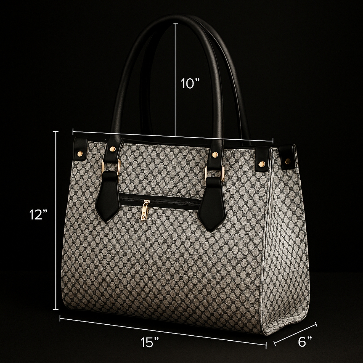 Xumify Handbag Gray and Black Designer Monogram Pattern Tote Handbag - Image 8