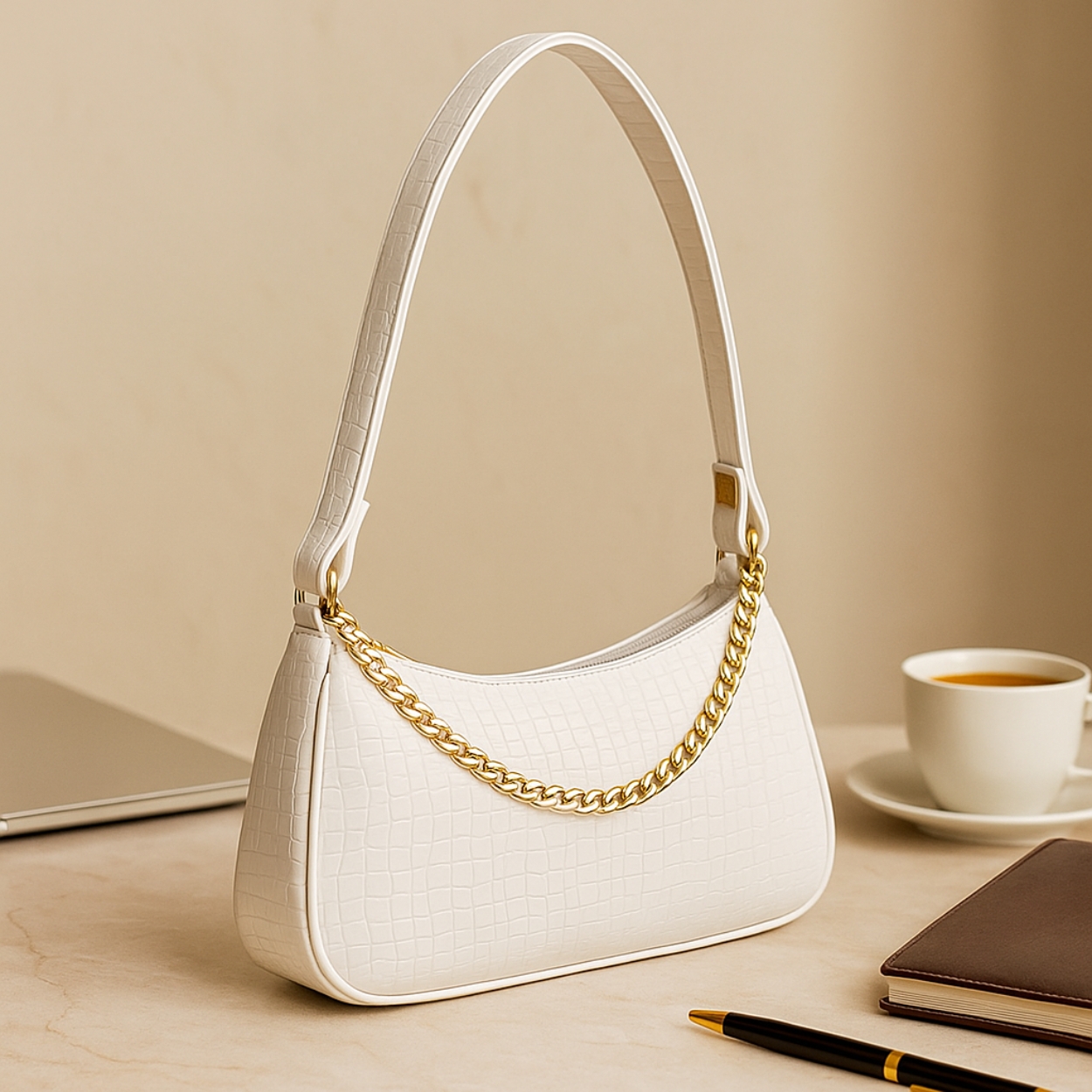 Xumify White ZIPPER Handbag - Crocodile pattern, White shoulder Handbag - Image 2