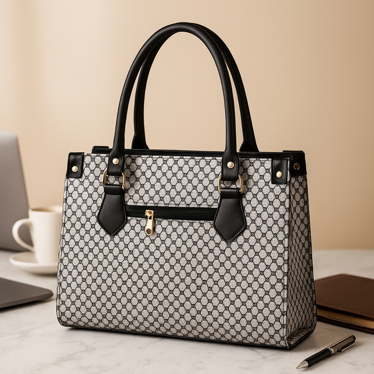 Xumify Handbag Gray and Black Designer Monogram Pattern Tote Handbag - Image 7