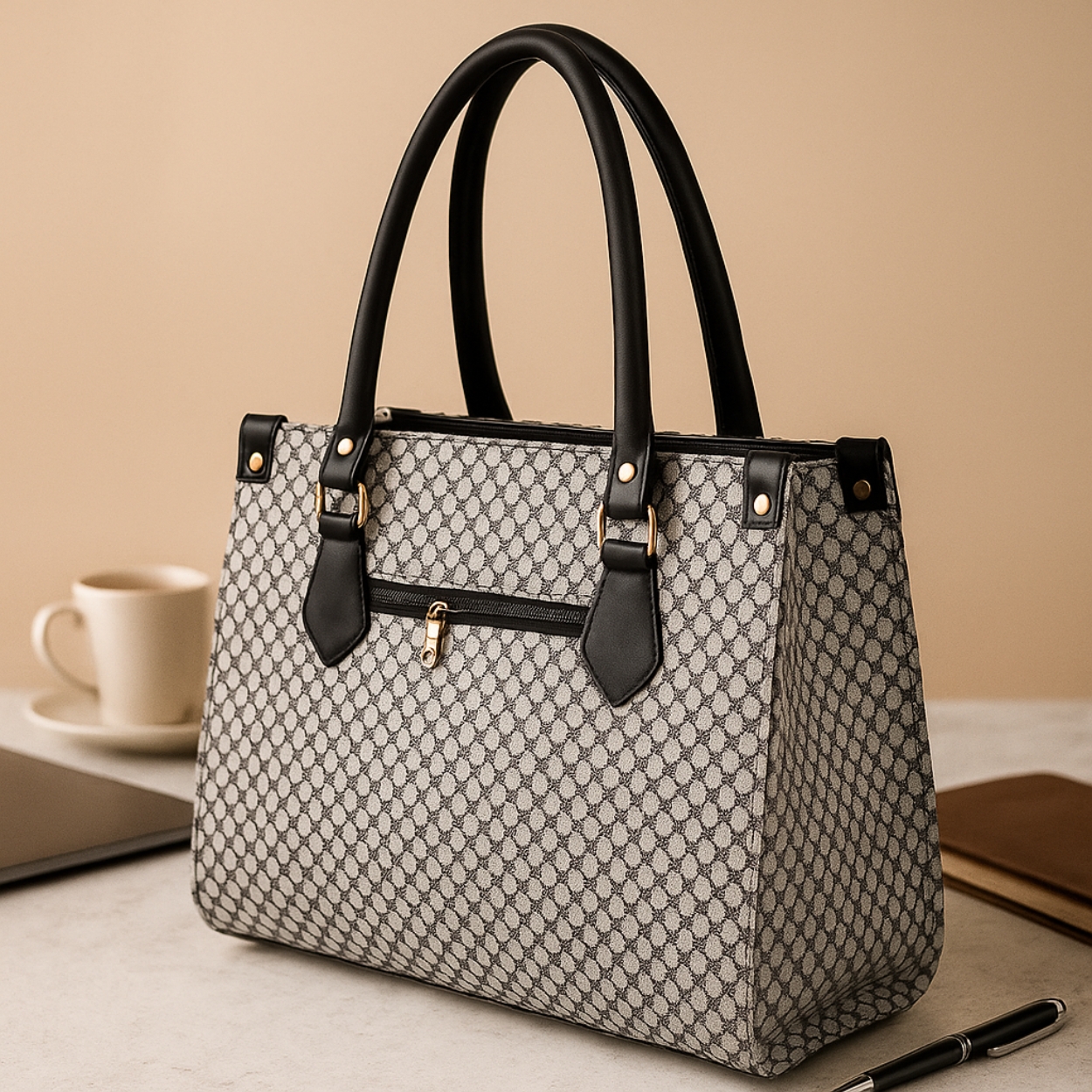 Xumify Handbag Gray and Black Designer Monogram Pattern Tote Handbag - Image 5