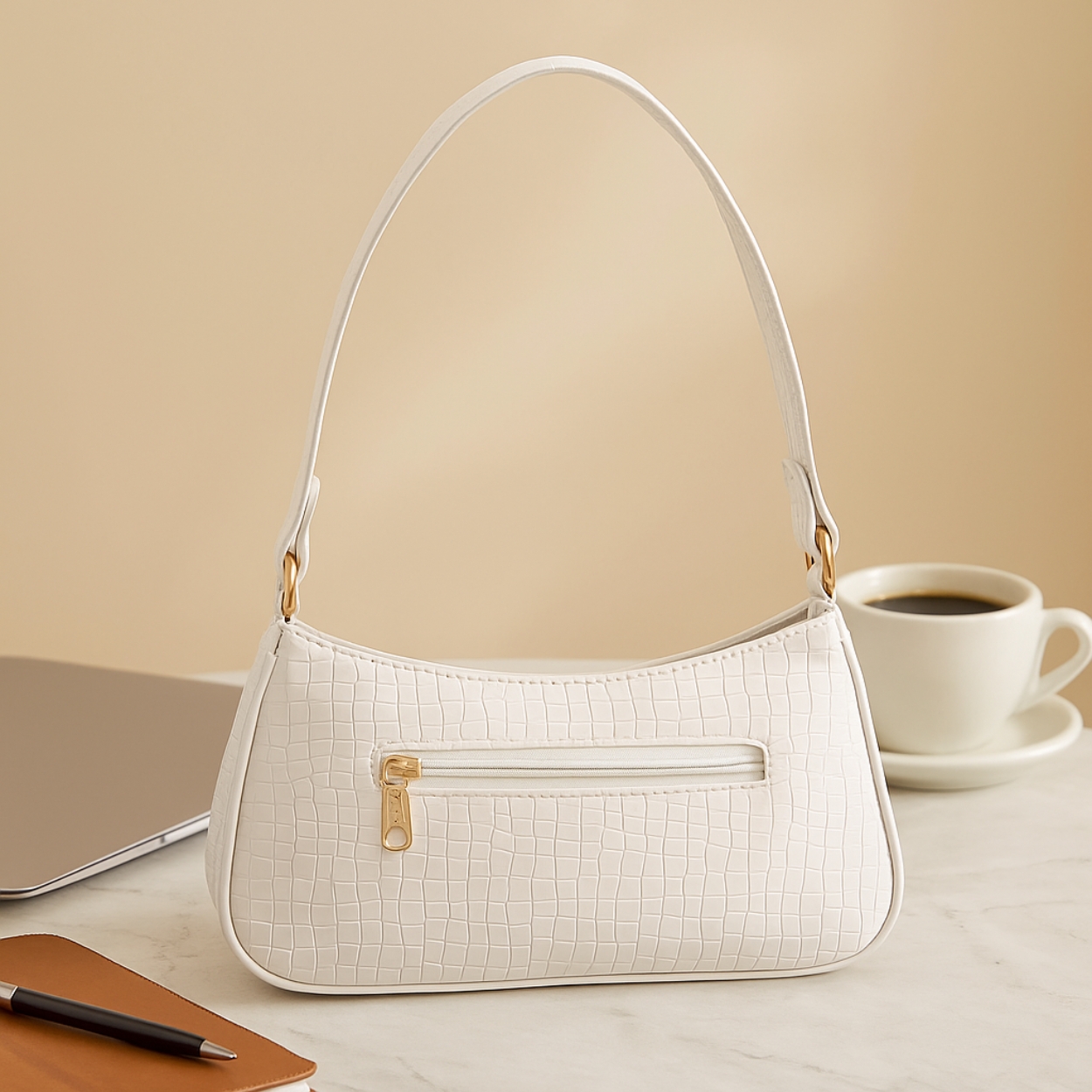 Xumify White ZIPPER Handbag - Crocodile pattern, White shoulder Handbag - Image 3