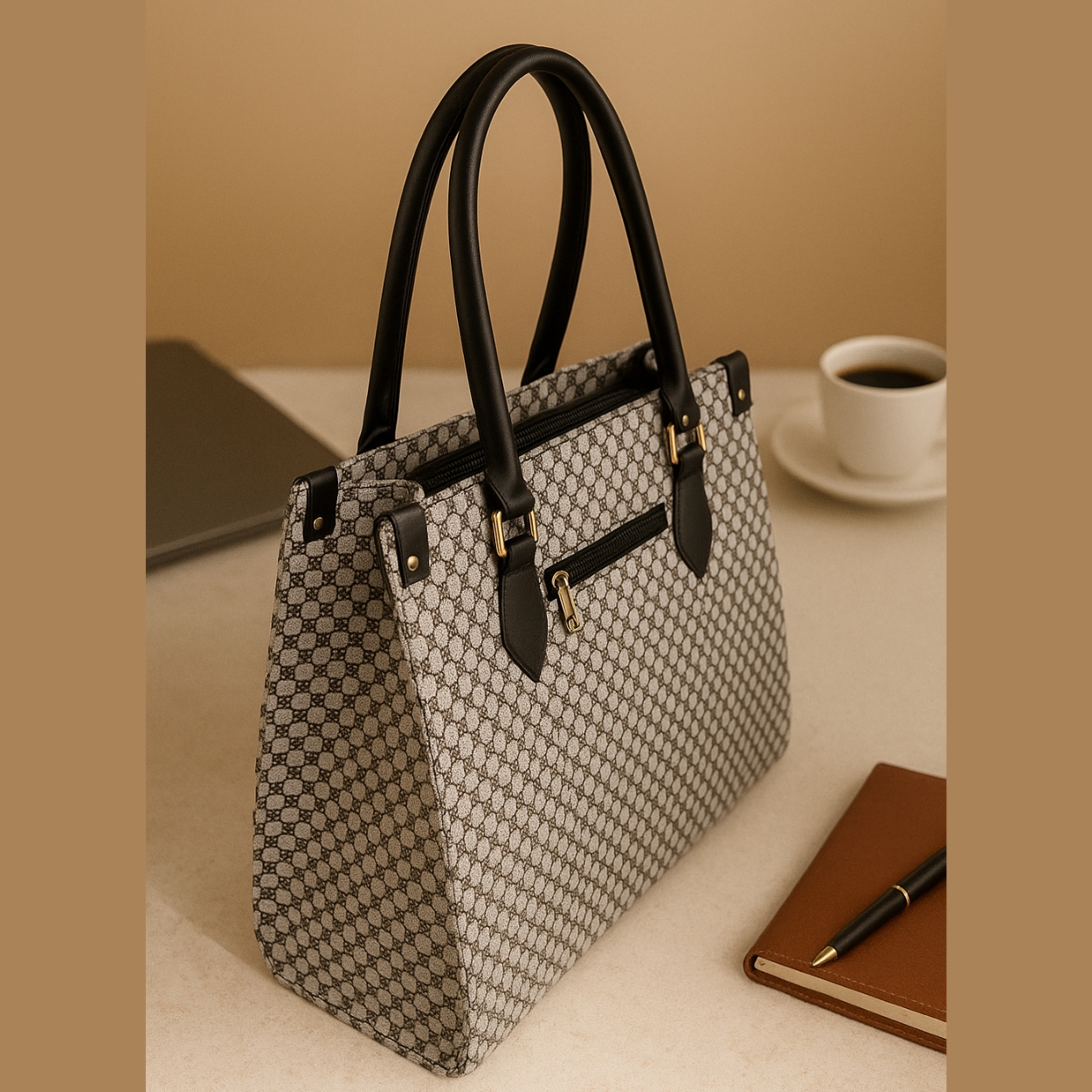 Xumify Handbag Gray and Black Designer Monogram Pattern Tote Handbag - Image 4
