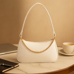 Xumify White ZIPPER Handbag - Crocodile pattern, White shoulder Handbag