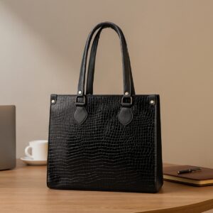 Xumify Handbag Luxury Crocodile Pattern Leather Tote Handbag, Black