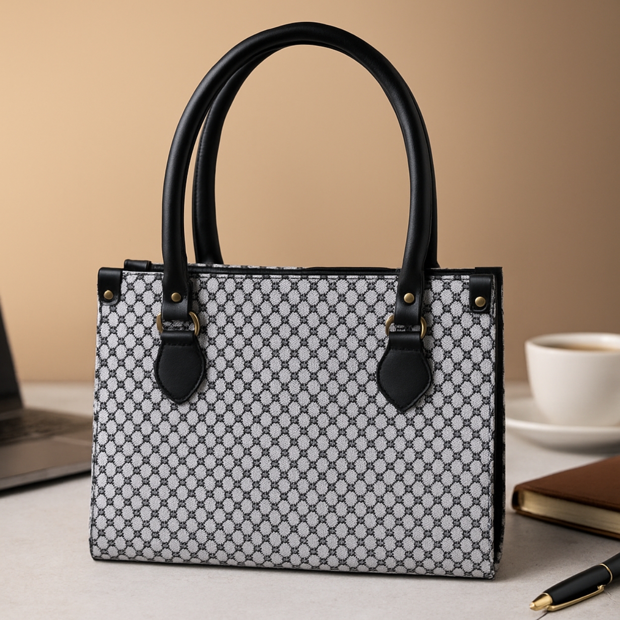 Xumify Handbag Gray and Black Designer Monogram Pattern Tote Handbag - Image 3