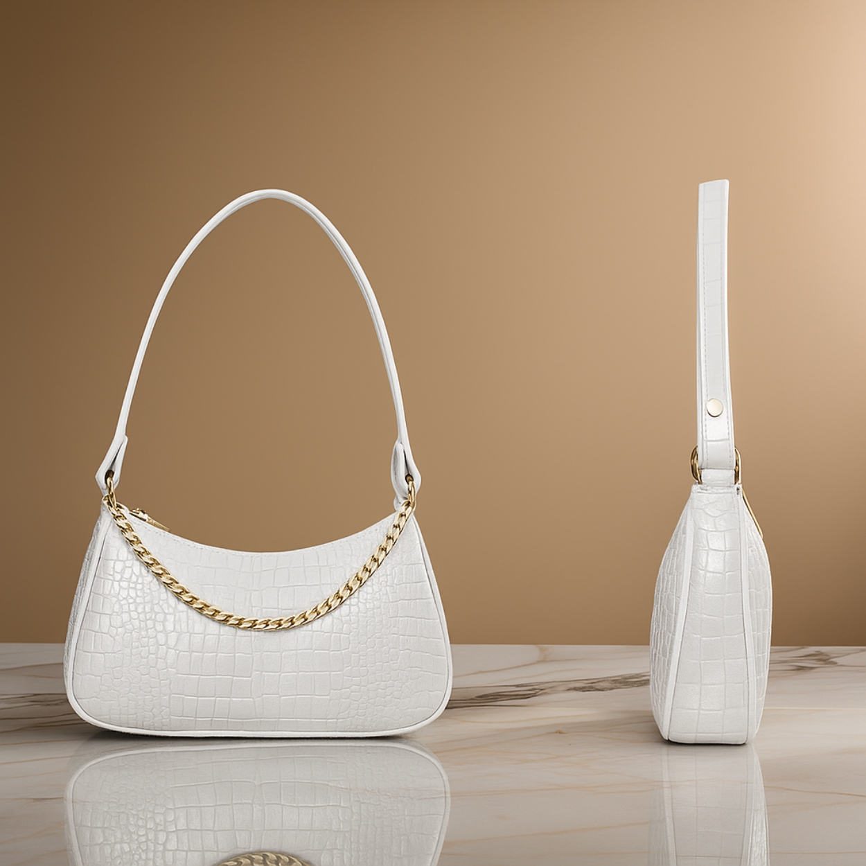 Xumify White ZIPPER Handbag - Crocodile pattern, White shoulder Handbag - Image 4