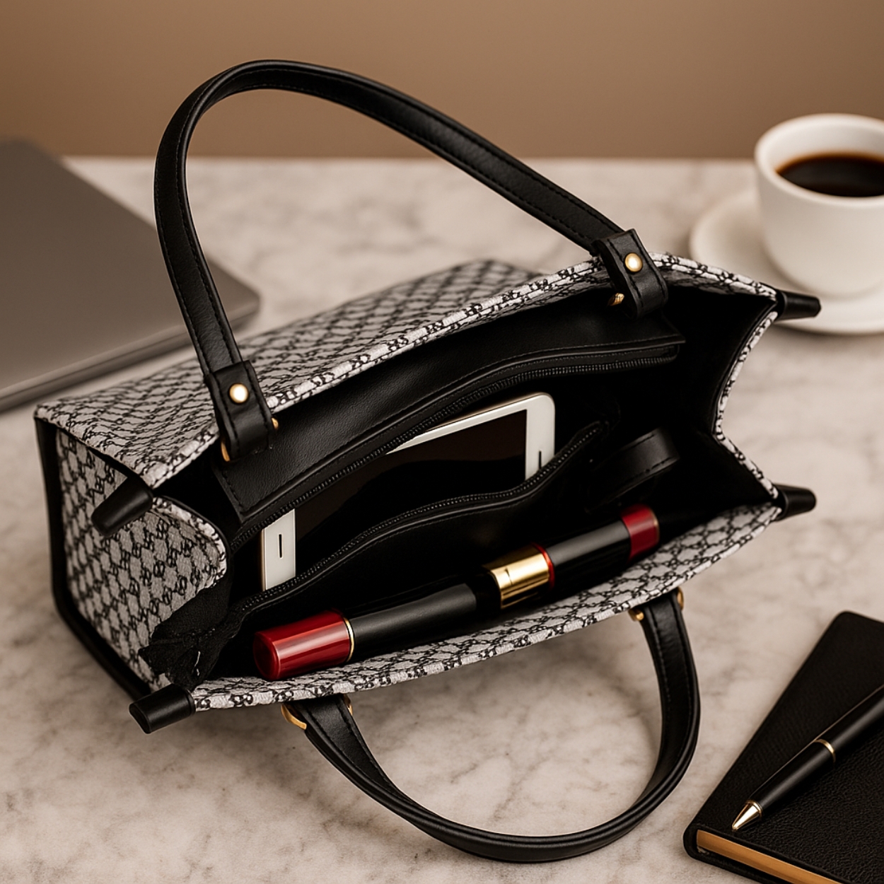 Xumify Handbag Gray and Black Designer Monogram Pattern