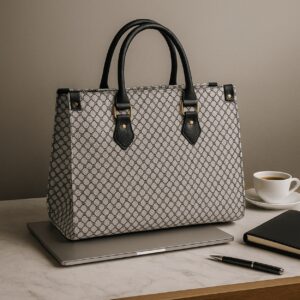 Xumify Handbag Gray and Black Designer Monogram Pattern